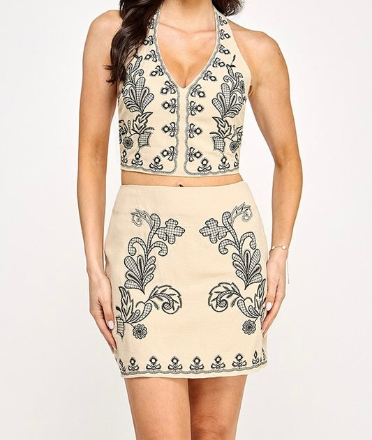 Luna Embroidered Halter + Skirt Set