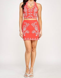 Luna Embroidered Halter + Skirt Set