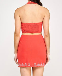 Luna Embroidered Halter + Skirt Set