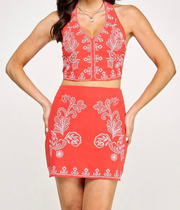 Luna Embroidered Halter + Skirt Set