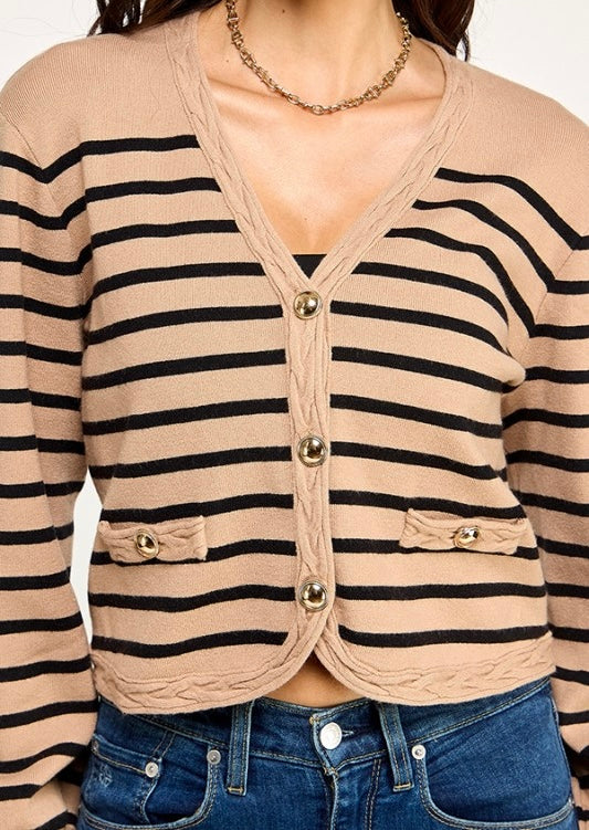 Elvia Striped Braided Trim Cardigan