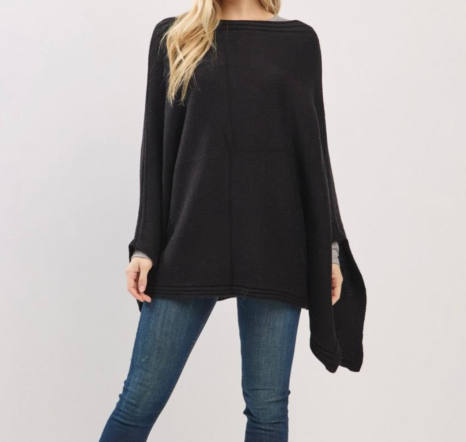 Solid Knit Poncho with Wide Sleeves