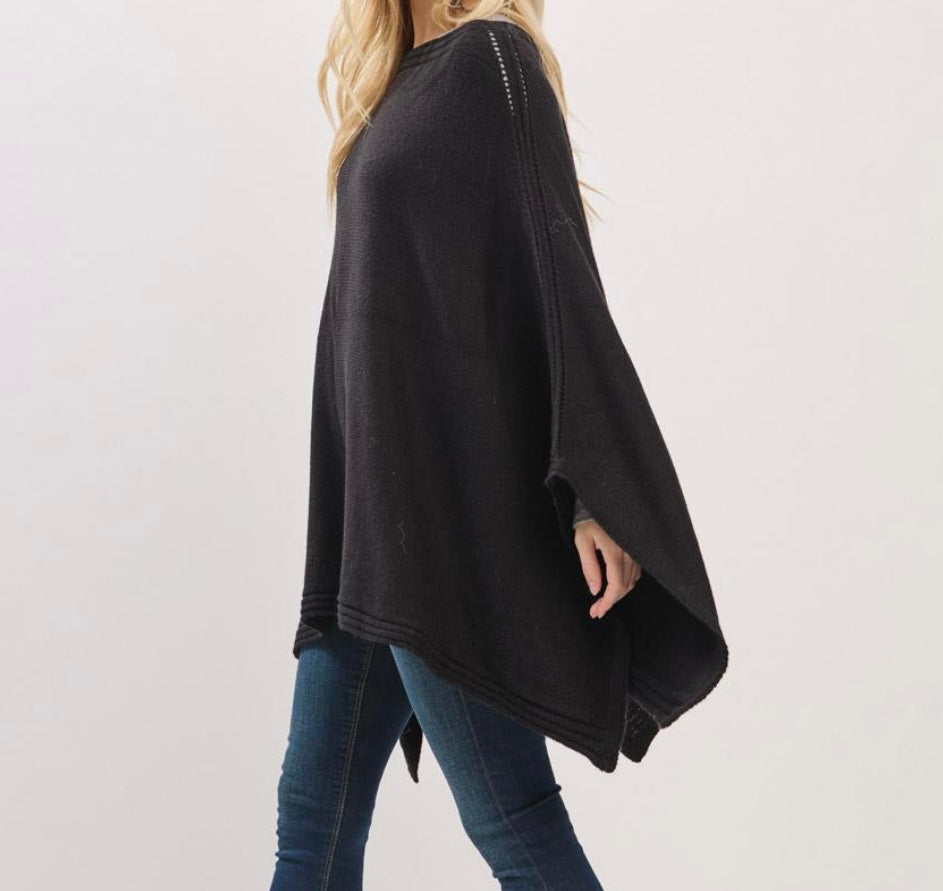 Solid Knit Poncho with Wide Sleeves