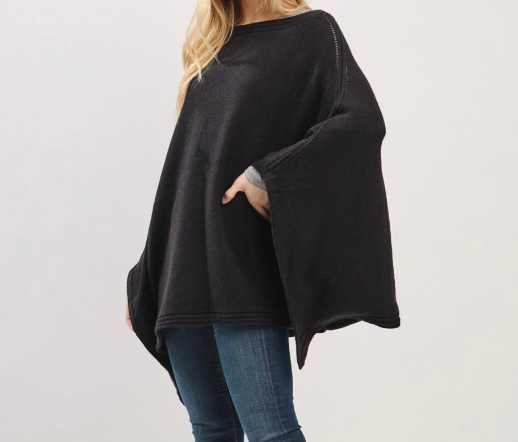 Solid Knit Poncho with Wide Sleeves
