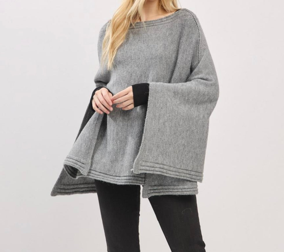 Solid Knit Poncho with Wide Sleeves
