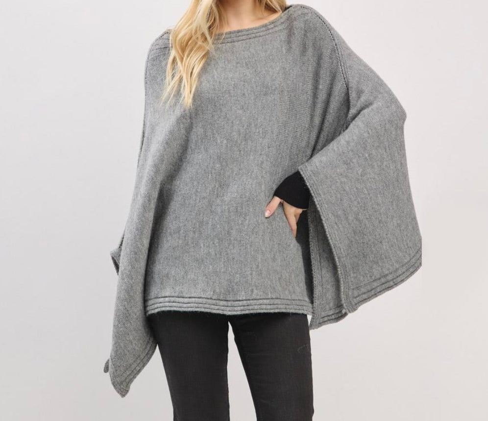 Solid Knit Poncho with Wide Sleeves