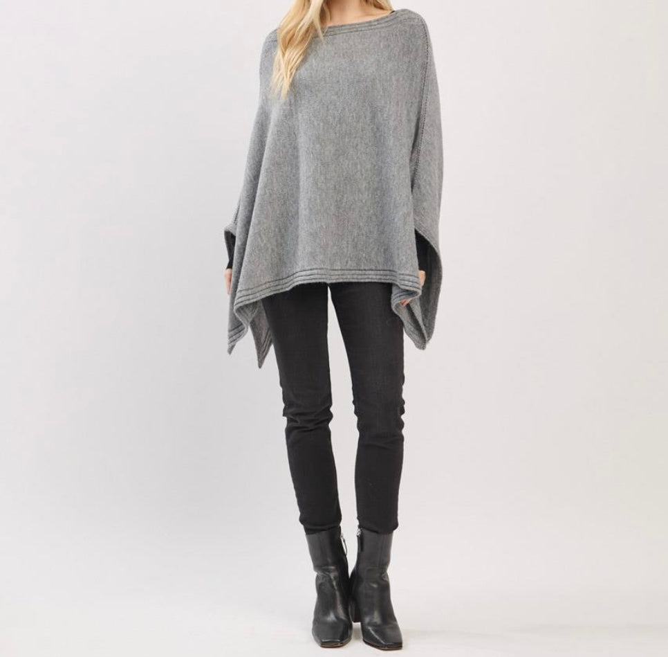 Solid Knit Poncho with Wide Sleeves