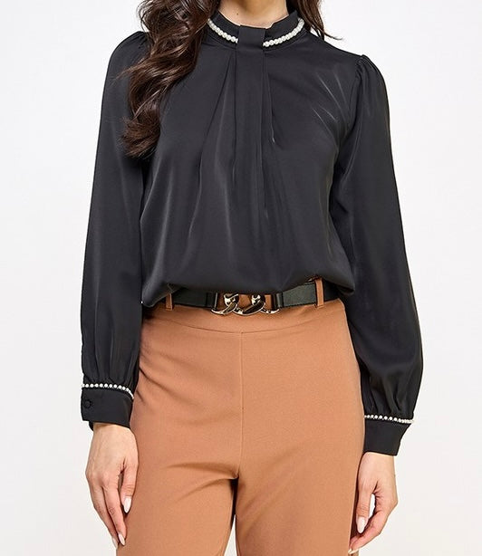 Nina Black & Pearl Trim Blouse - Size S