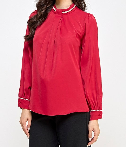 Nina Black & Pearl Trim Blouse - Size S