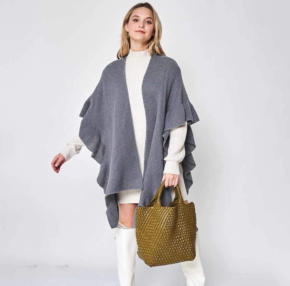 Ruffle Trim Open Knit Poncho