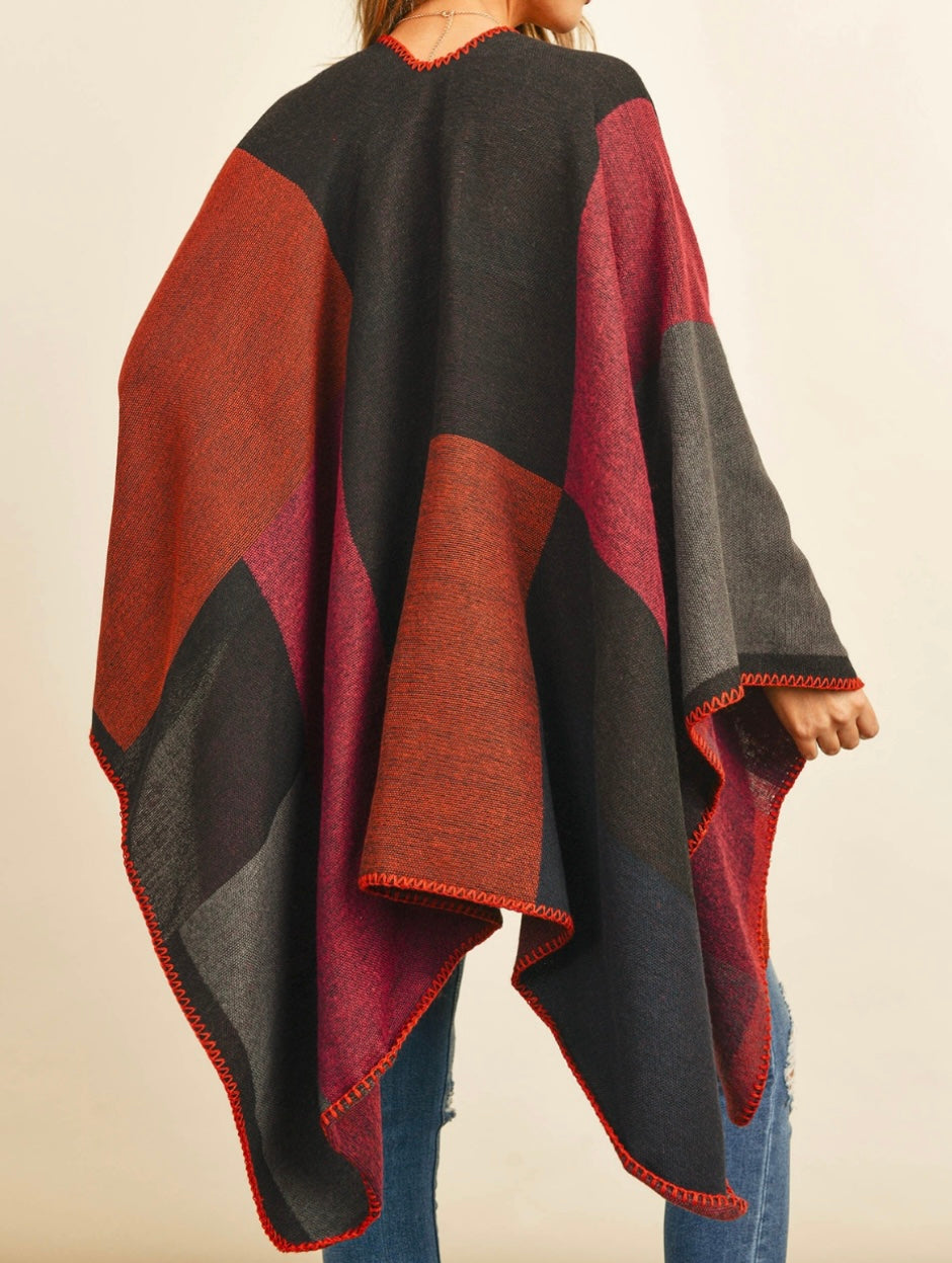 Burgundy Plaid Open Poncho
