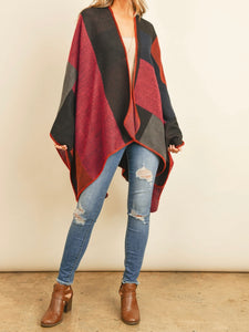 Burgundy Plaid Open Poncho