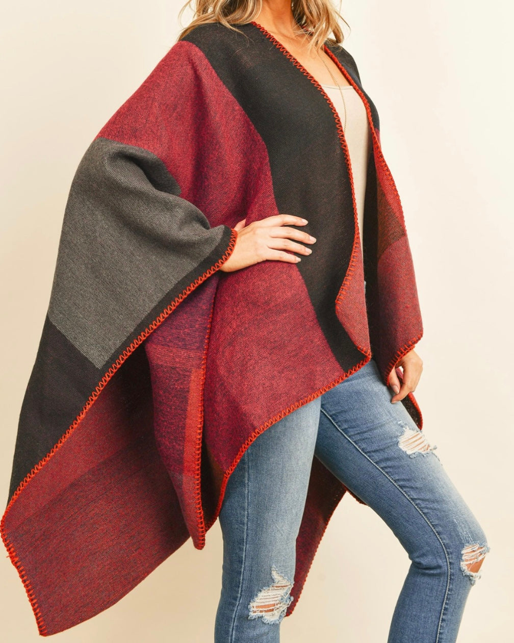 Burgundy Plaid Open Poncho