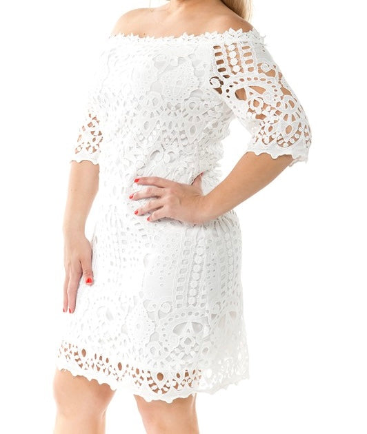 crochet dress off the shoulder Off-Shoulder Open-Knit Crochet Twinset Dress in Ivory White L-XL