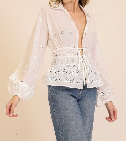 Luna Front Tie Eyelet Blouse
