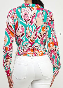 Elvia Printed Tie Front Top