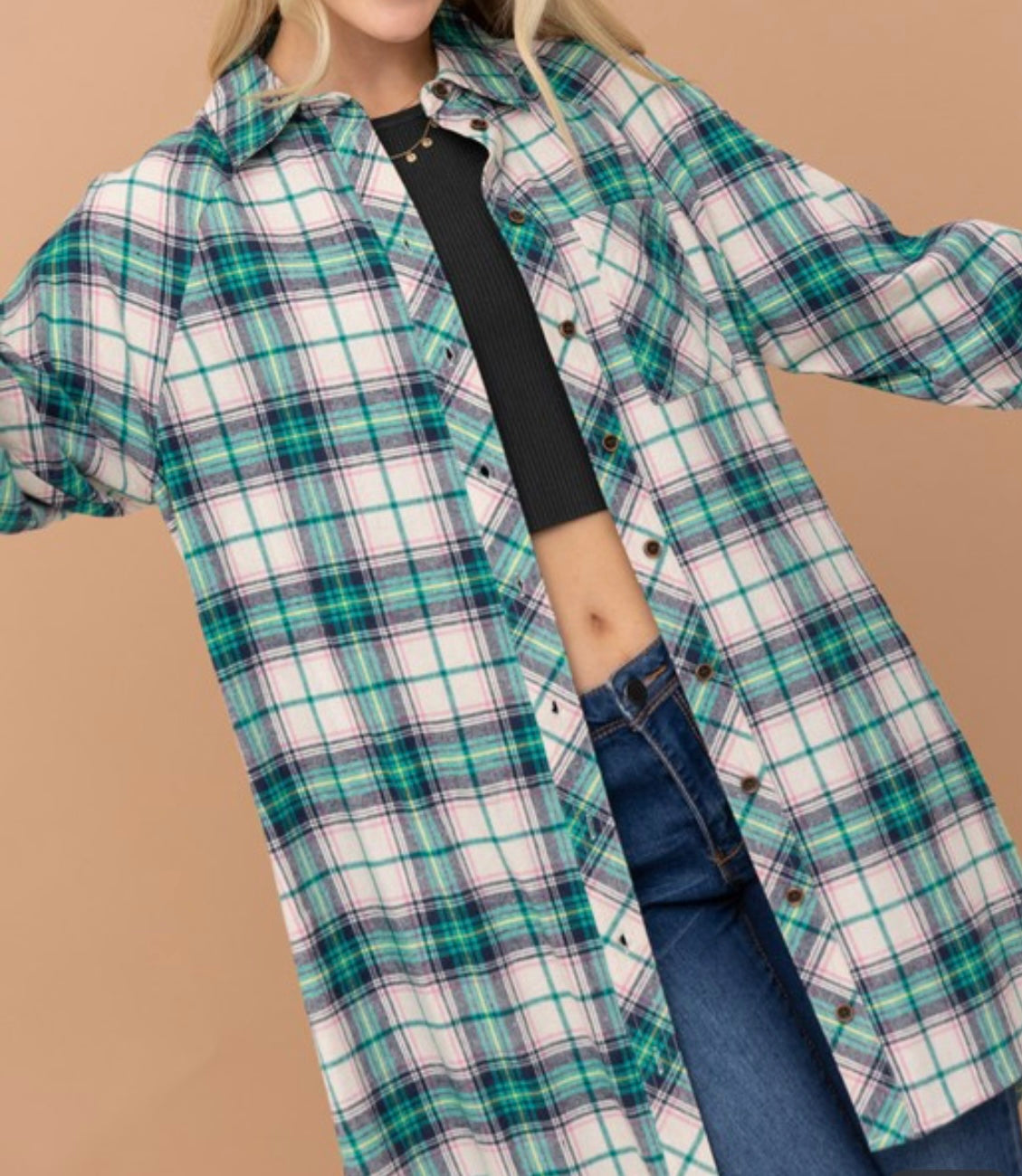 Angie Long Plaid Top
