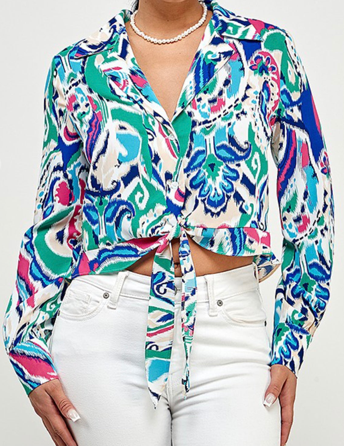 Elvia Printed Tie Front Top