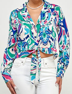 Elvia Printed Tie Front Top