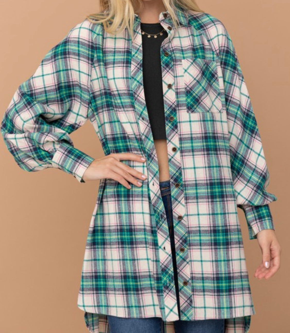 Angie Long Plaid Top